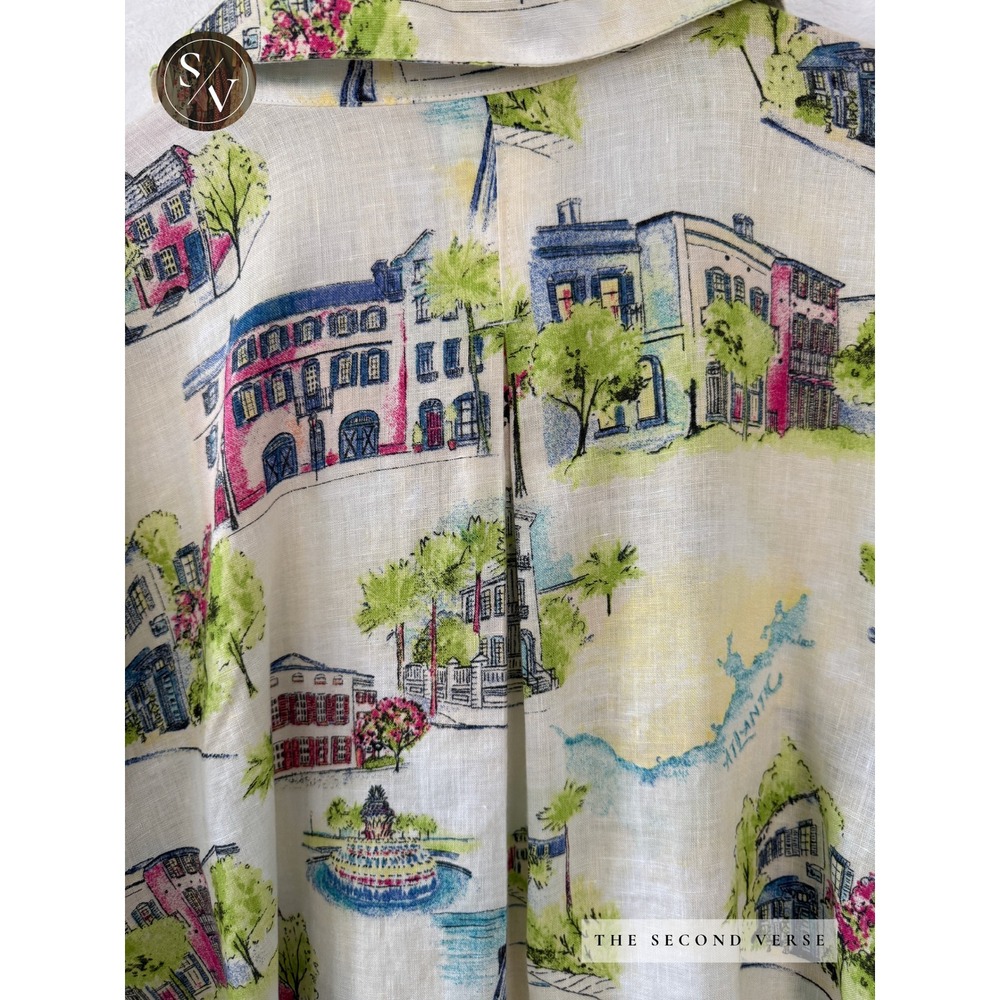 Chico's Linen Button Front Shirt 3/4 Sleeve Atlantic Coastal Scene Size 16/18 - Picture 7 of 10